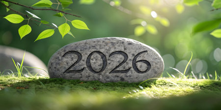 2026 stone on green grass with bokeh background, happy new year conceptの素材