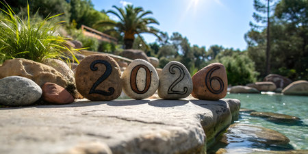 new year 2026 written with wooden numbers on stone in the waterの素材