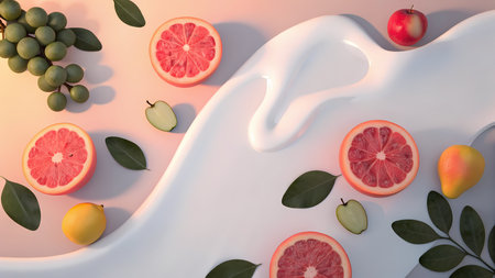 3d illustration of grapefruit and pomegranate slices on white backgroundの素材