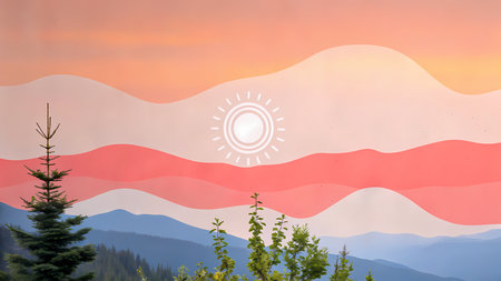Digital composite of Colorful sunrise against mountain landscape with conifer forestの素材