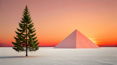 3d illustration of a pine tree in front of pyramids at sunsetの素材