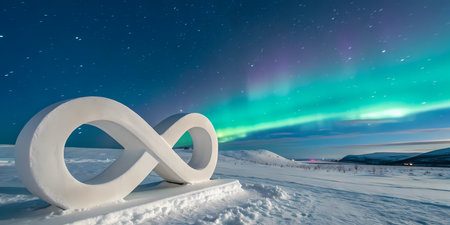 Aurora borealis, northern lights in the sky above the snow-covered fieldの素材