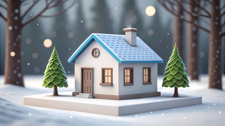 Winter landscape with a small house and Christmas trees. 3d renderingの素材