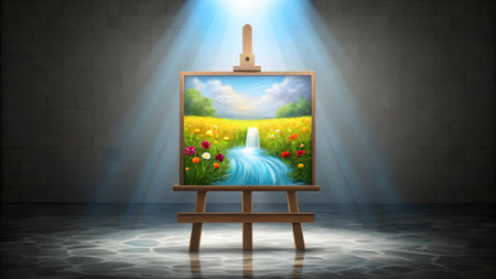 Illustration of an easel with a picture of a beautiful landscapeの素材