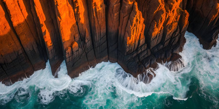 Aerial view of the cliffs and ocean waves. Shot from drone.の素材