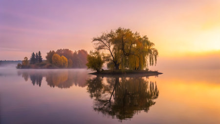 Autumn landscape with willow tree on the lake shore at sunriseの素材