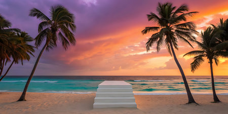 Staircase on a tropical beach at sunset. 3d renderの素材