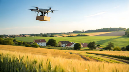 Drone delivering a package on a wheat field in Germany, Europeの素材