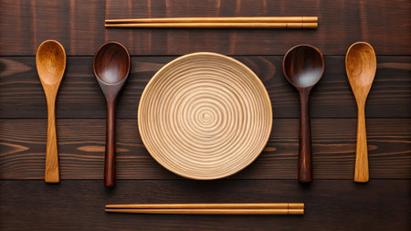 Top view of wooden table with empty plate, spoon and chopsticksの素材