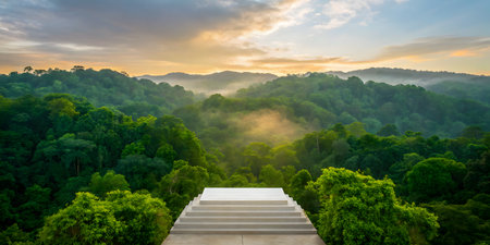 Staircase to the mountain with misty sunrise in the morningの素材