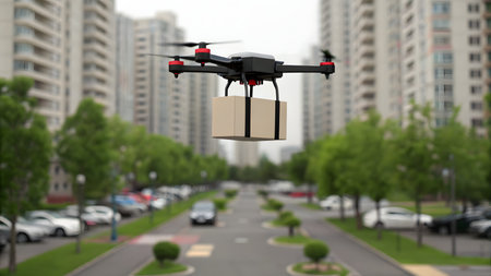 Drone with a cardboard box flying in the city. 3d renderingの素材