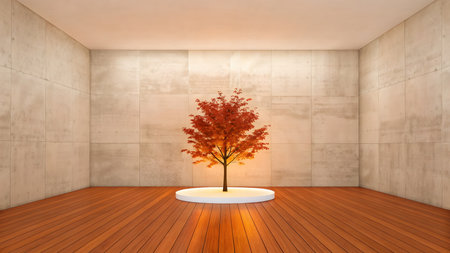 3d render of a podium with a red autumn tree on itの素材