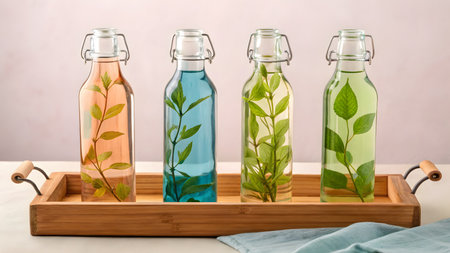 Bottles with water and plants in a wooden tray on the tableの素材