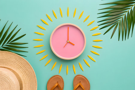 Flat lay summer composition with clock, hat, flip flops and palm leaves on mint backgroundの素材