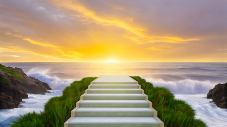 Staircase leading to the ocean at sunset. 3D renderingの素材