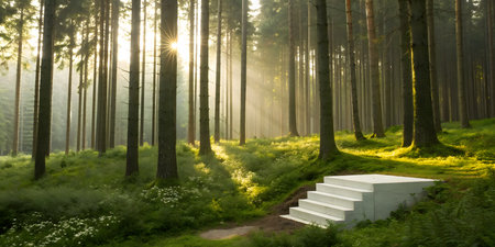 Staircase in a pine forest in the rays of the rising sunの素材