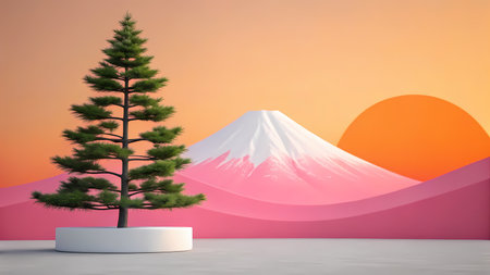 Pine tree and Mt. Fuji at sunset. 3D renderingの素材