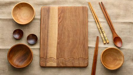 Empty wooden cutting board, chopsticks and bowl on tablecloth.の素材