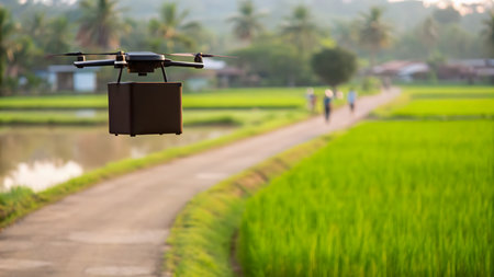 Drone flying over the rice field with blurred people in background.の素材