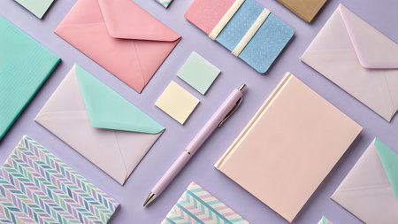 top view of colorful envelopes and pen on violet background, flat layの素材