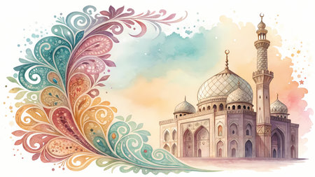 Beautiful hand drawn illustration with Taj Mahal in indian style.の素材
