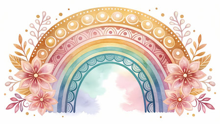 Watercolor rainbow with flowers and leaves. Hand drawn vector illustration.の素材