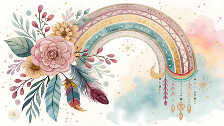 Watercolor rainbow with dreamcatcher, feathers and flowers. Watercolor illustrationの素材