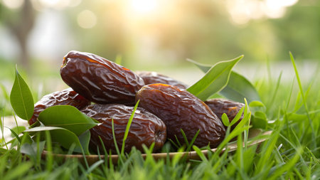 Dates fruit on wooden plate on green grass background. Selective focus.の素材