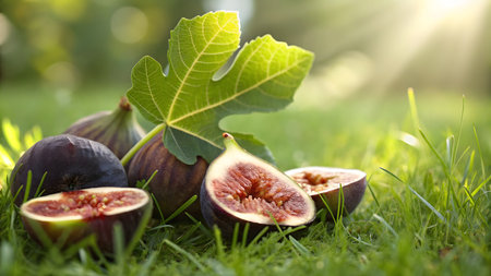 Fresh figs with leaves on green grass in sunny day, closeupの素材