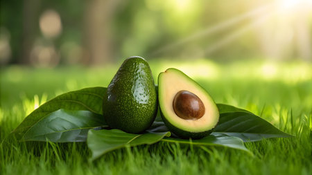 Avocado on the green grass. Avocado on a background of green grass.の素材