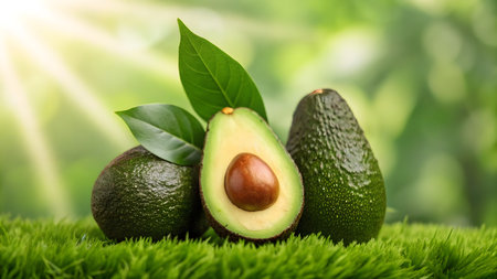 Avocado with leaves on green grass, closeup. Healthy foodの素材