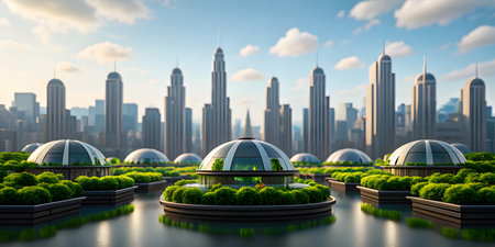 modern city panorama with skyscrapers and green trees, 3d renderの素材
