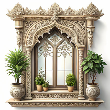 Arabic window with plants isolated on white background. 3d renderの素材
