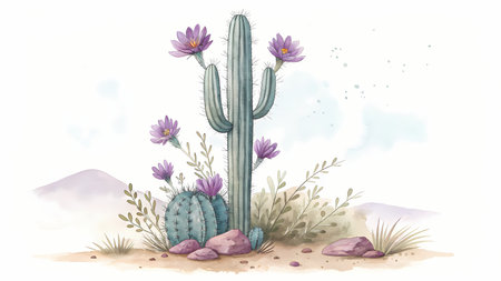 Cactuses and flowers in the desert. Watercolor illustration.の素材