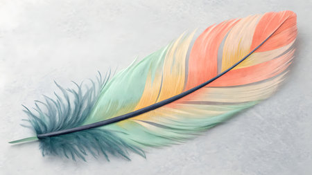 Colorful bird feather on white textured background. Copy space.の素材