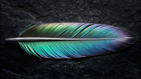 Beautiful feather on dark background. Close up. Toned.の素材