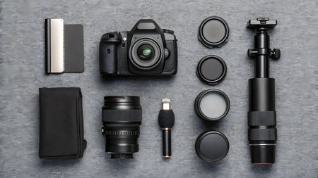 Flat lay composition with professional photographer equipment on grey background. Space for textの素材