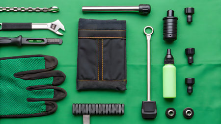 Flat lay composition with different tools on green background, top viewの素材