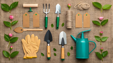 Gardening tools and plants on sackcloth background. Top viewの素材