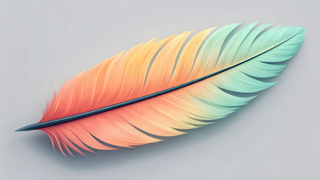 3D rendering of a colorful feather on a gray background. Abstract backgroundの素材