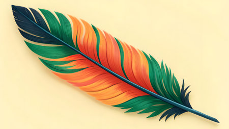 3D rendering of a colorful bird feather on a beige backgroundの素材