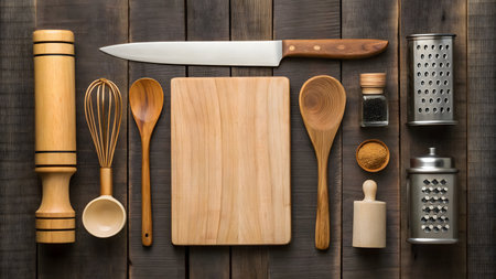 Kitchen utensils and cutting board on wooden background. Top viewの素材