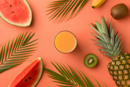 Flat lay composition with fresh juice and tropical fruits on color backgroundの素材