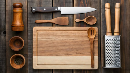 Kitchen utensils and cutting board on wooden background top viewの素材