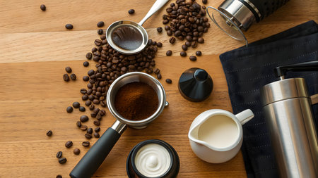 Coffee beans, milk and ground coffee on wooden table.の素材