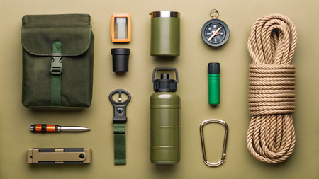 Set of camping equipment on green background, flat lay. Travel conceptの素材