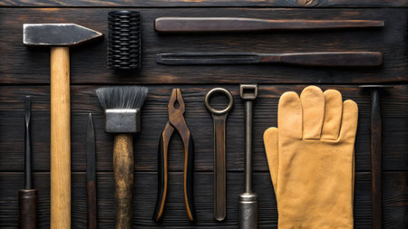Carpentry tools on a black wooden background. Top view.の素材