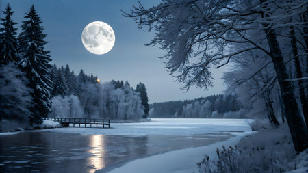 winter landscape with frozen river and forest at night in full moon lightの素材