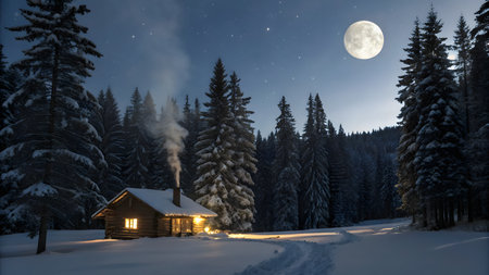 Beautiful winter landscape with wooden house in the mountains at night.の素材