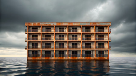 3D render of an abandoned building in the sea with dramatic skyの素材